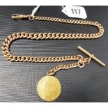 Good 9ct rose gold graduated curb link watch chain Albert with 1798 spade guinea fob, length over