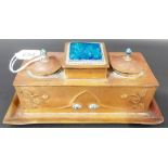 Good Arts & Crafts copper and enamel three compartment ink stand in the style of Liberty & Co of