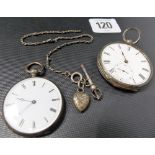 White metal engine turned open faced pocket watch with subsidiary dial together with a white metal