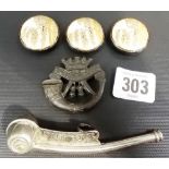 Naval issue silver plate Bosun's whistle; together with a WW1 Cornwall Military badge and three