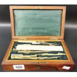19th century part draughtsman set, brass, two with ivory handles within fitted rosewood box,