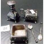 Pre-War silver three piece cruet, of square section raised on four feet, comprising mustard pot,