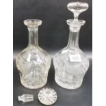 Pair of heavy cut glass mallet shaped decanters and stoppers, height 10.5' (one stopper af)