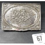 Good continental white metal card case, the lid embossed with five putti within a landscape,