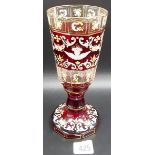 19th Century Bohemian glass ruby flash goblet, the faceted tapering bowl over the knop stem and