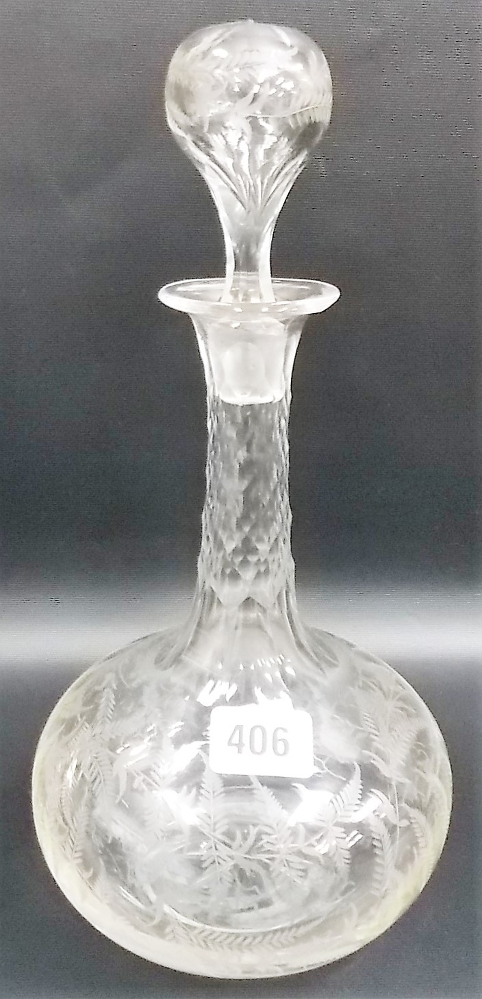 19th Century decanter and stopper, the neck facet cut, the stopper and body with fern wheel engraved