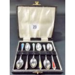 Set of six silver and enamel demitasse spoons, box, Birmingham 1961, weight 1.5oz approx