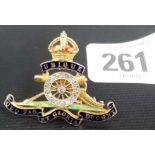 Yellow metal diamond and enamel regimental sweetheart brooch for the Royal Artillery, weight 5.7g