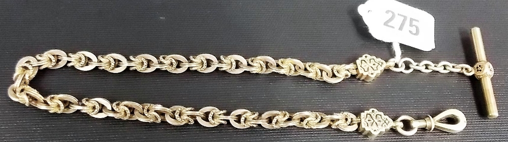 Good Victorian gold fancy link Albert watch chain, the ends and T bar with black enamel