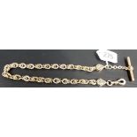 Good Victorian gold fancy link Albert watch chain, the ends and T bar with black enamel