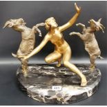 Good Art Deco bronzed spelter group upon grey veined marble base, modelled as a nude girl between