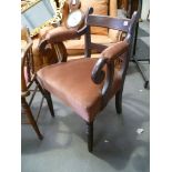 19th Century oak carver chair with scroll upholstered arms and stuff over seat