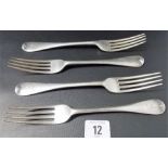 Set of four Old English pattern silver table forks, Maker J & S Co Ltd, London 1912, weight 9oz