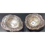 Good pair of Victorian silver bonbon dishes, of shield shape, the rim leaf scroll cast and foliate