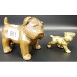 A bronze model of a British bulldog, width 5' together with a smaller brass model of a bulldog puppy