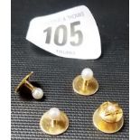 Set of three gold and pearl set shirt studs, together with one other, weight 4.2g approx