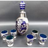 Cobalt blue glass silver overlay liquor set, comprising ovoid decanter and stopper together with six