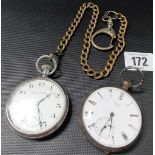 Silver key wind open faced pocket watch, the white enamel dial with Roman Numerals and subsidiary