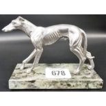 Art Deco nickel model of a greyhound upon marble plinth, width 4.5'