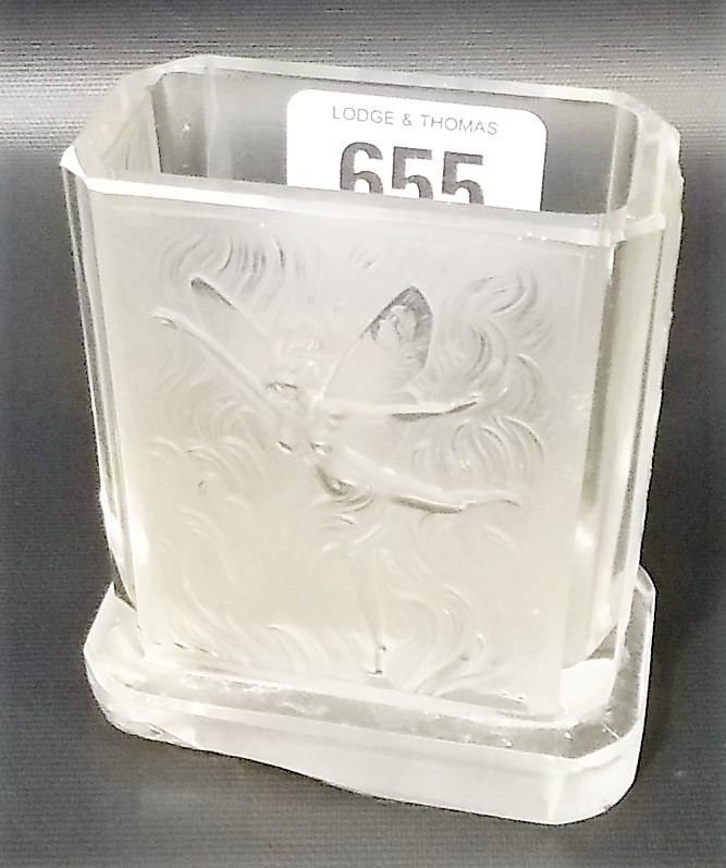 Art Deco moulded glass small rectangular section vase, the front frosted with a frolicking nude