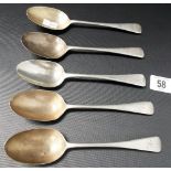 Edwardian silver set of four Old English pattern dessert spoons together with a George III Old