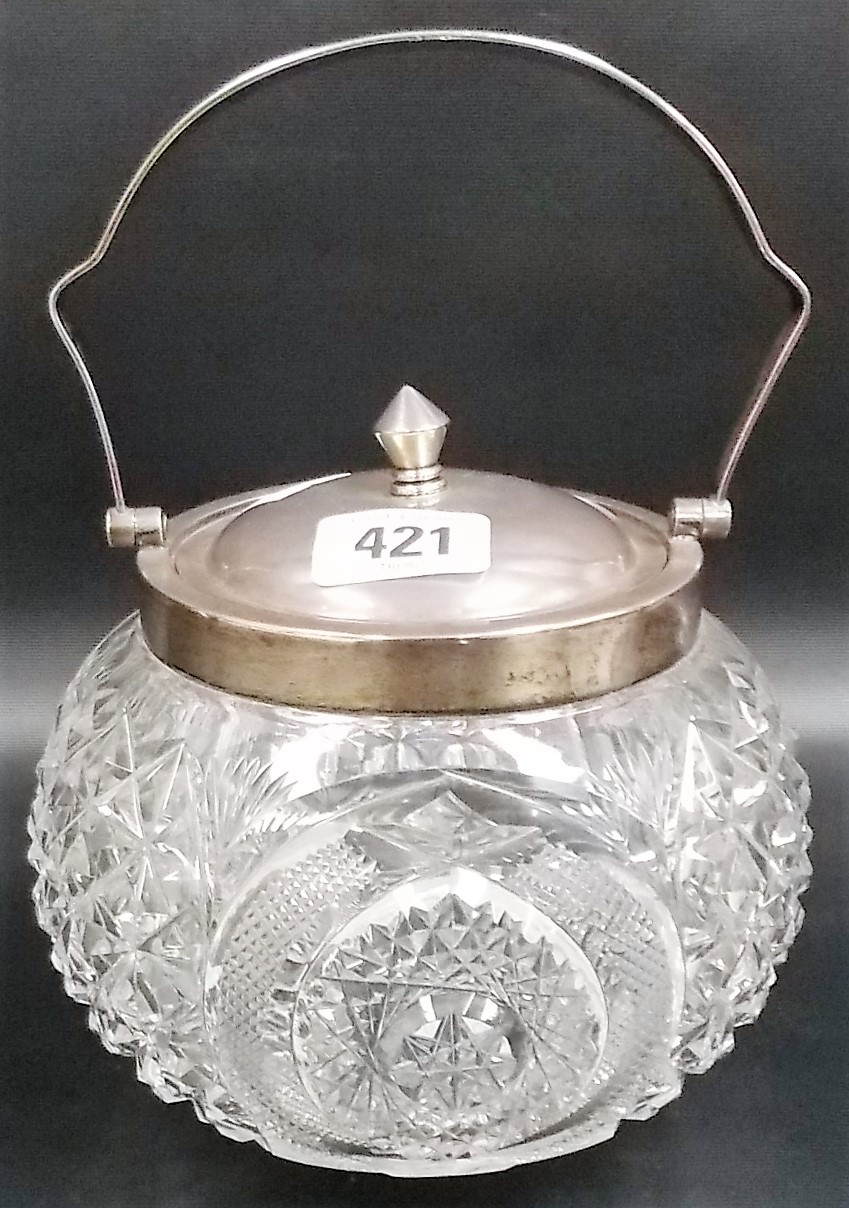 Silver and cut glass ovoid swing handled biscuit barrel by Walker & Hall, Sheffield 1931, height