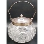 Silver and cut glass ovoid swing handled biscuit barrel by Walker & Hall, Sheffield 1931, height