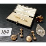 Pair of 9ct gold cufflinks with bar ends, weight 3.5g, together with a 9ct gold tie pin, weight 0.8g