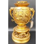 Impressive Chinese gilt bronze twin handled urn table lamp base cast and chased in relief with two
