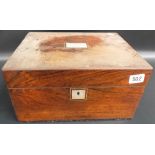 Victorian rosewood workbox, the hinge lid with mother of pearl plaque, hinged to reveal a fitted