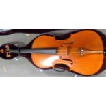 Modern cello, with 30' two piece back, nickel mounted bow and contemporary hard plastic case