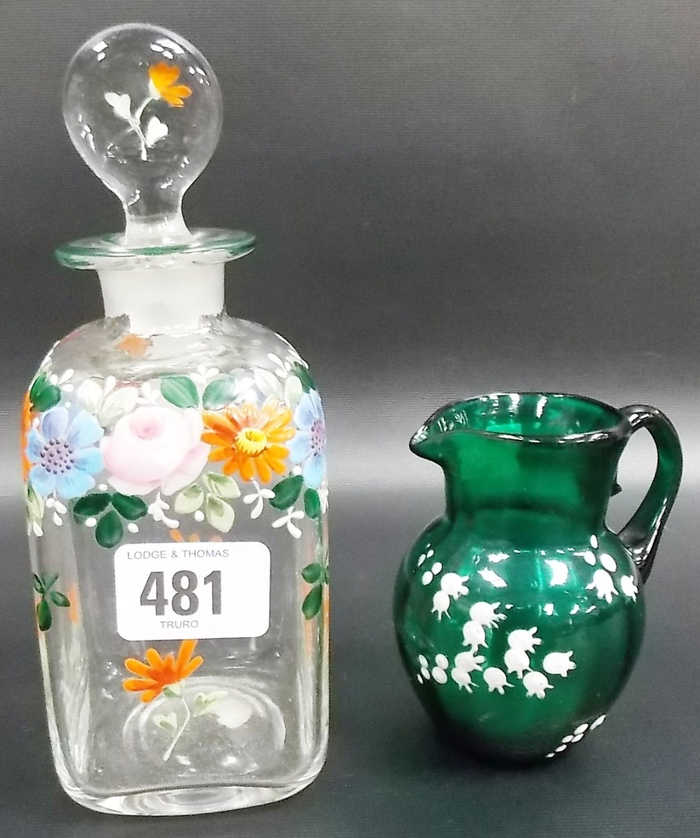 Victorian floral enamel painted square scent bottle and stopper, together with a Victorian green