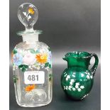 Victorian floral enamel painted square scent bottle and stopper, together with a Victorian green