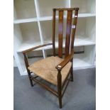 Edwardian Arts and Crafts bedroom chair the back with two inlaid splats over a rush seat