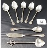 Set of five silver demitasse spoons, together with another in Arts and Crafts style, another spoon