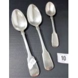 Two William IV silver fiddle pattern dessert spoons, maker ME, the other RH; together with a