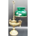 19th Century French style rise and fall oil lamp with white opaque and green overlay shade, height