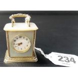 White metal and mother of pearl miniature carriage clock style time piece, the base stamped