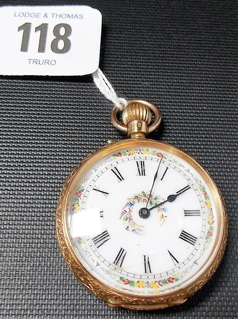 Attractive 14ct gold lady's fob watch, the 32mm white enamel dial with foliate enamel and gilded