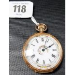 Attractive 14ct gold lady's fob watch, the 32mm white enamel dial with foliate enamel and gilded