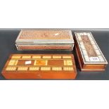 Two Indian Sedleli Ware boxes together with a marquetry games box (3)