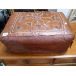 Brown leather rectangular pouffe with python skin stitch decoration, width 19'