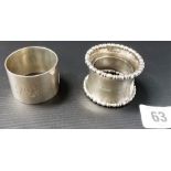 Two silver napkin rings, weight 3.25oz approx