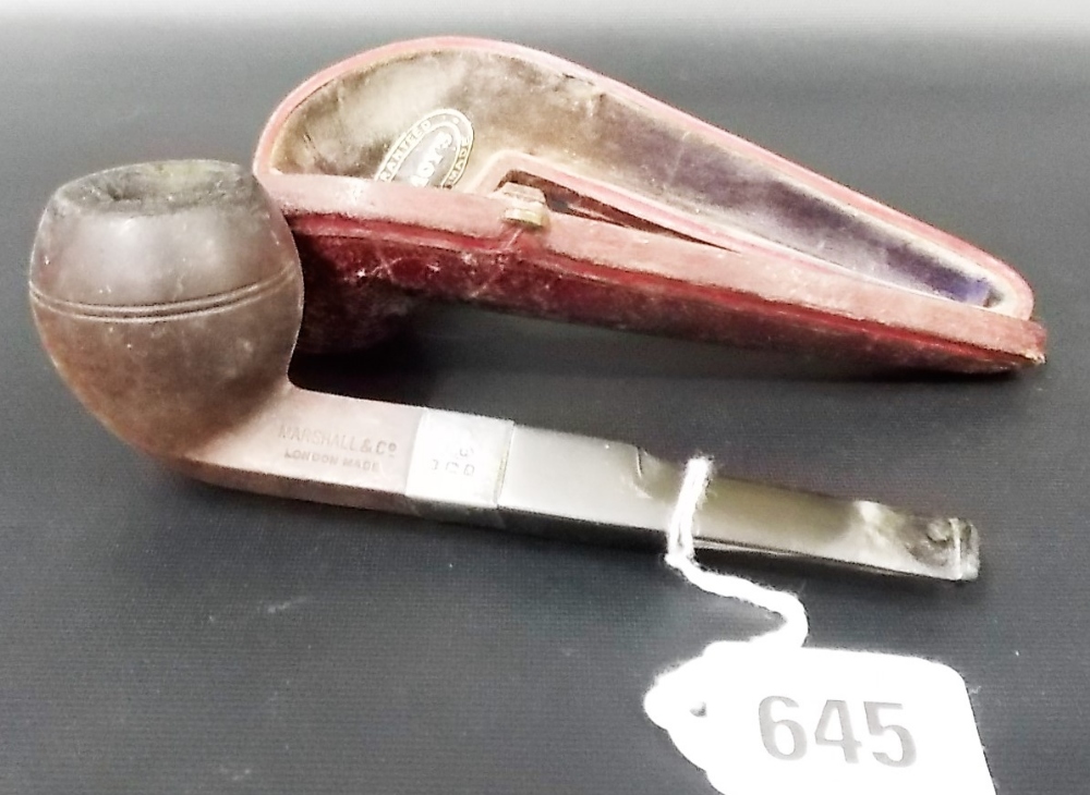 Smoking pipe by Marshall & Co London with silver collar, 1921 within original Moroccan leather