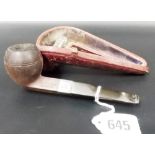 Smoking pipe by Marshall & Co London with silver collar, 1921 within original Moroccan leather