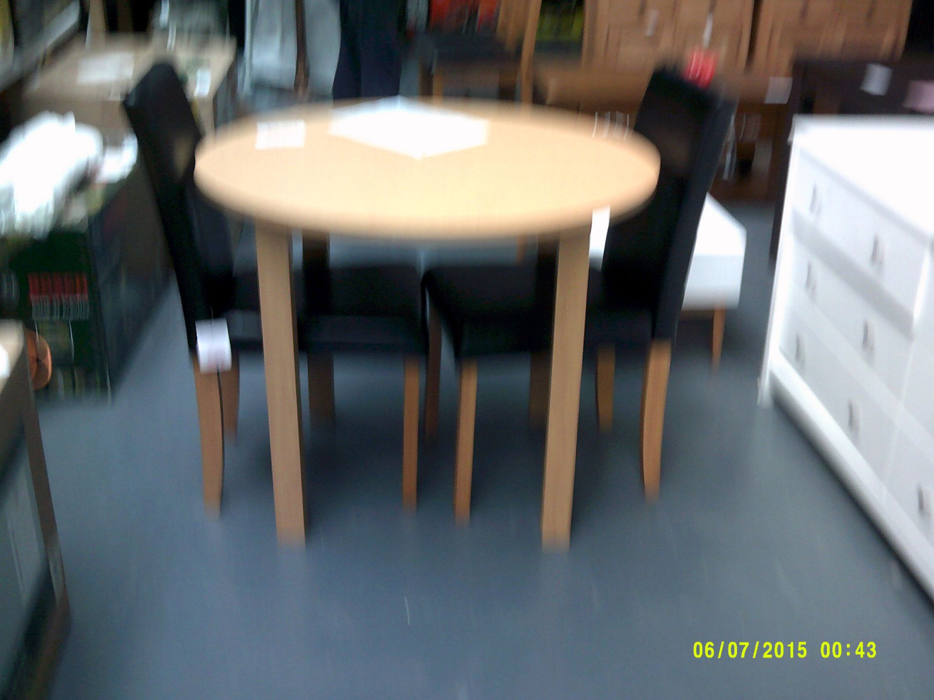 Light oak Round Table C/W 2 dining chairs. Customer Returns