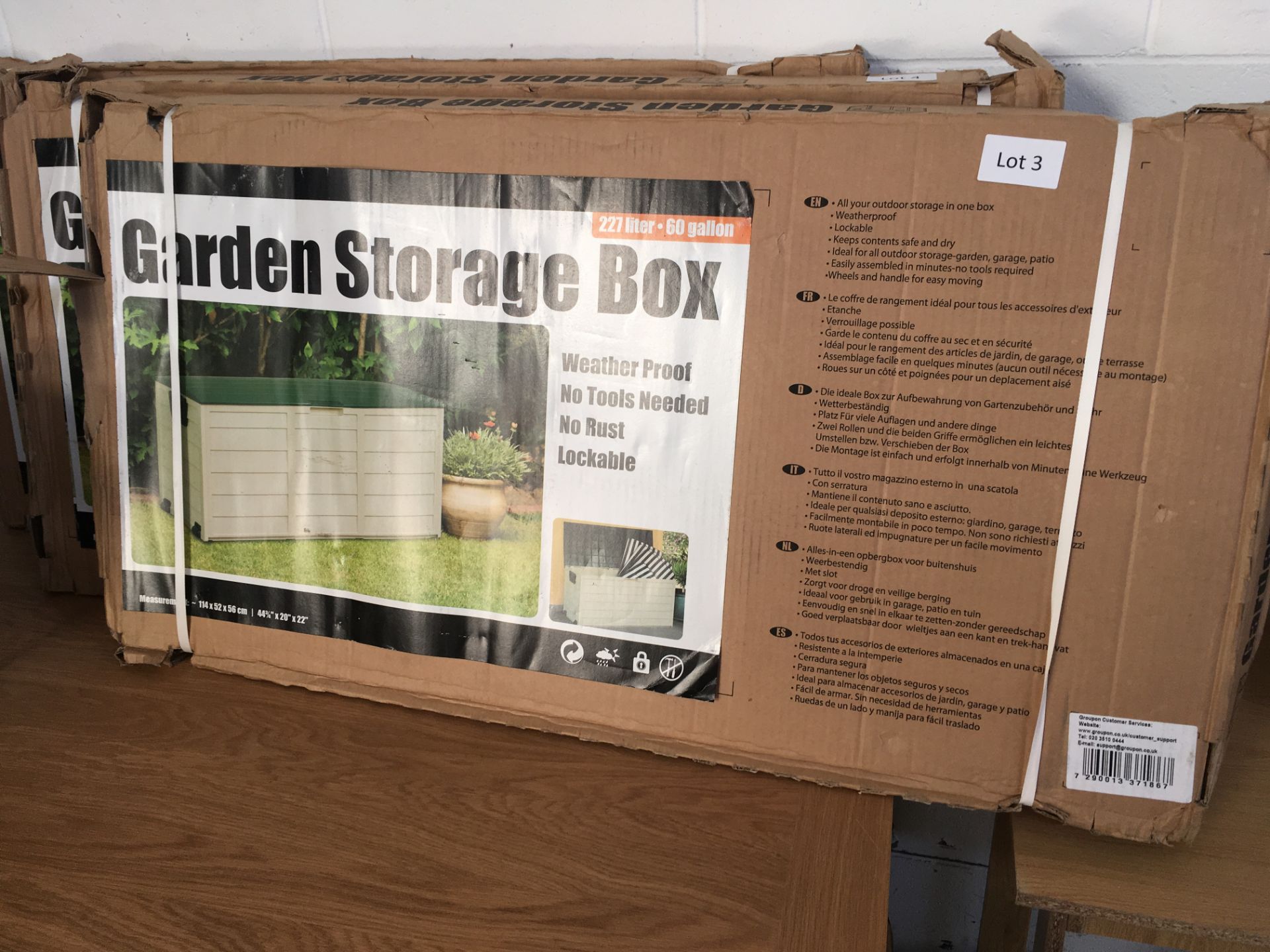 227 litre garden storage box. Bad packaging.