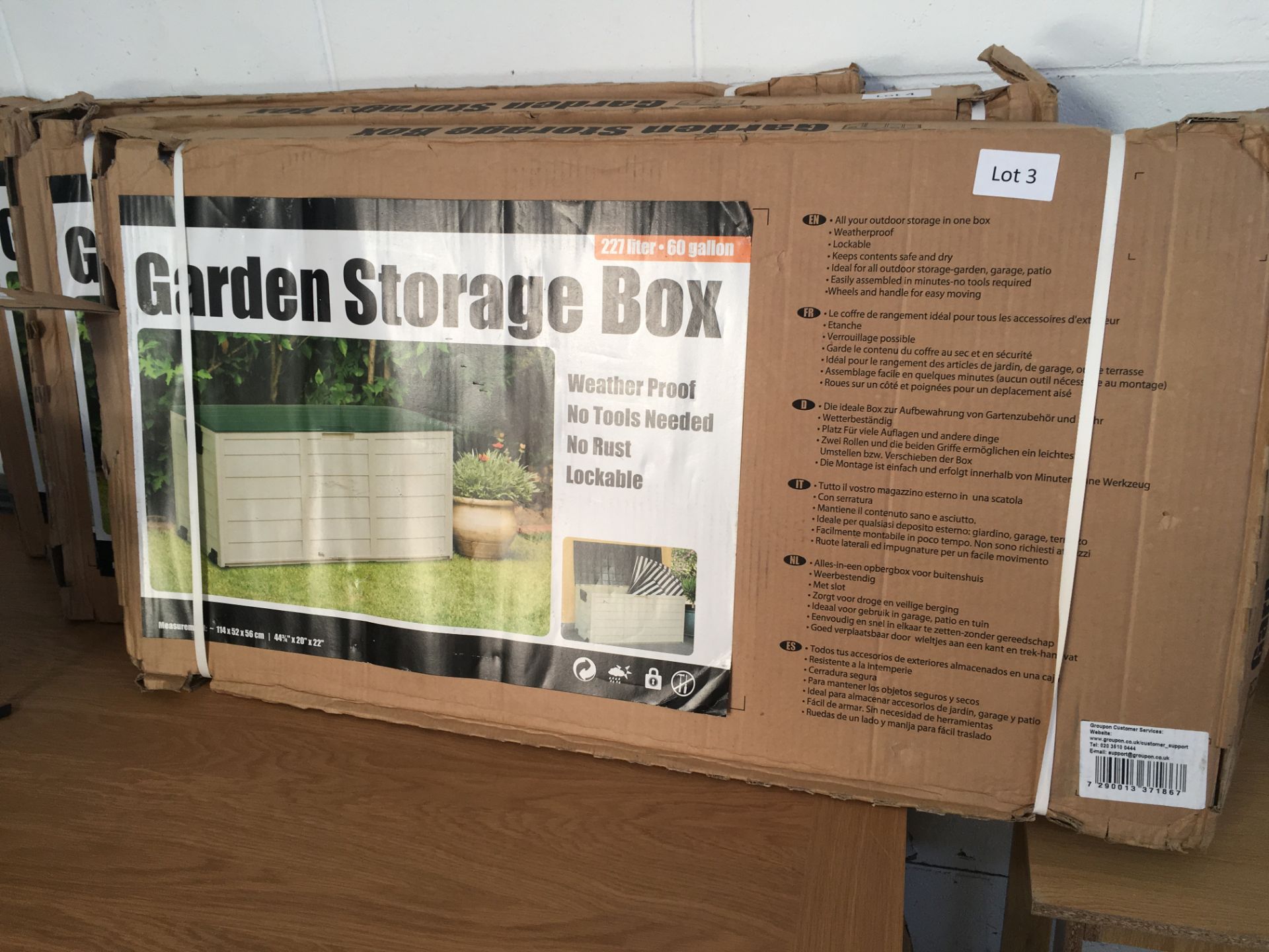 227 litre garden storage box. Bad packaging.