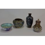Four Chinese / Japanese Cloissone enamel vases and bowls 12cm 銅胎琺瑯肆件