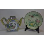 A Canton enemel tea pot with flower design together with an enamel dish 22cm銅胎廣東彩茶壺及碟共兩件